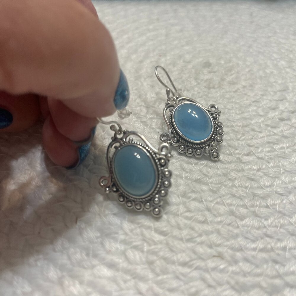 Victorian BLUE CHALCEDONY Handmade Sterling 925 Dangle Earrings #290D